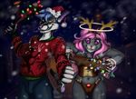  amethystlongcat angel bat blue_hair christmas clothed clothing club_(disambiguation) female genet hair halo holidays jumper krampus lagomorph lingerie looking_at_viewer male mammal pink_hair rabbit smile snow viverrid weapon 