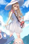  &gt;_&lt; :d absurdres bag bangs bare_arms bird blonde_hair blue_sky blunt_bangs braid breasts closed_eyes cloud cloudy_sky collared_dress day dress duffel_bag gen_7_pokemon green_eyes handbag hat highres lillie_(pokemon) long_hair looking_at_viewer open_mouth outdoors owl poke_ball_theme pokemon pokemon_(creature) pokemon_(game) pokemon_sm popplio rowlet seolinjang sky sleeveless sleeveless_dress small_breasts smile solo standing strap sun_hat sundress teeth tongue twin_braids white_dress white_hat zipper 