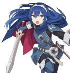  1girl aki_poi blue_eyes blue_hair blush cape falchion_(fire_emblem) fingerless_gloves fire_emblem fire_emblem:_kakusei gloves long_hair looking_at_viewer lucina nintendo open_mouth short_hair simple_background solo super_smash_bros. super_smash_bros._ultimate sword tiara weapon white_background 