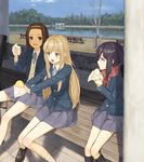  bench black_hair blazer blonde_hair blue_eyes bread brown_eyes brown_hair food grey_skirt hairband highres jacket k-on! kotobuki_tsumugi long_hair multiple_girls nakano_azusa open_mouth pleated_skirt red_scarf sakuragaoka_high_school_uniform scarf school_uniform short_hair sitting skirt tainaka_ritsu turu twintails 