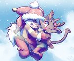  apron cervine clothed clothing cute_fags duo elf eliatrope fangs furfit hat hug humanoid mammal one)eye_closed open_mouth reindeer signature sitting size_difference smile snow topless wakfu winter 