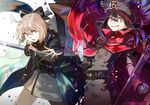  belt black_hair cape double-breasted fate_(series) gloves grin hat holding holding_sword holding_weapon japanese_clothes katana kimono koha-ace long_hair looking_at_viewer multiple_girls oda_nobunaga_(fate) okita_souji_(fate) okita_souji_(fate)_(all) open_mouth pink_eyes pink_hair rano red_eyes shinsengumi short_hair smile sword teeth weapon white_gloves 