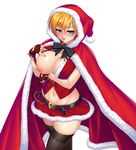  belt blonde_hair blue_eyes blush bracelet breasts breasts_outside cape cleavage crossed_arms fingerless_gloves gloves highres hood igawa_sakura jewelry kagami_hirotaka large_breasts midriff navel nipples puffy_nipples ribbon santa_costume short_hair simple_background skirt solo spiked_bracelet spikes taimanin_(series) taimanin_asagi thighhighs tongue tongue_out white_background zettai_ryouiki 