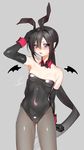  animal_ears arm_up ass_visible_through_thighs bad_id bad_twitter_id bare_shoulders black_gloves black_hair blue_eyes blush breasts cameltoe detached_collar elbow_gloves fake_animal_ears genderswap genderswap_(mtf) gloves grey_background grey_legwear hair_between_eyes hairband hand_on_own_head highres lady_bat leotard long_hair low_ponytail mermaid_melody_pichi_pichi_pitch ohisashiburi pantyhose parted_lips pointy_ears simple_background small_breasts solo sweatdrop very_long_hair wrist_cuffs 