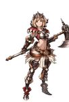  armor axe battle_axe belt black_legwear blonde_hair brown_eyes djeeta_(granblue_fantasy) full_body fur_trim gauntlets gloves granblue_fantasy hair_ornament holding holding_weapon looking_at_viewer midriff minaba_hideo navel official_art pelvic_curtain shoes short_hair simple_background smile solo standing veil warrior_(granblue_fantasy) weapon white_background 