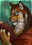 5_fingers anthro book brown_hair feline female fur green_eyes hair mammal orange_fur reading simple_background solo tiger whiskers wolnir 