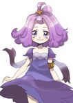  acerola_(pokemon) armlet bangs bare_arms blush closed_mouth collarbone cowboy_shot dress elite_four fingernails flat_chest flipped_hair hair_ornament half_updo looking_at_viewer pokemon pokemon_(game) pokemon_sm purple_dress purple_hair short_hair short_sleeves simple_background smile solo standing stitches torimeiro torn_clothes torn_dress torn_sleeves trial_captain white_background 