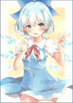  blue_border blue_dress blue_eyes blue_hair blush border bow breasts cirno colored_pencil_(medium) cowboy_shot dress hair_bow hand_on_own_chest hand_up looking_at_viewer marker_(medium) open_mouth potto puffy_short_sleeves puffy_sleeves red_ribbon ribbon sample short_hair short_sleeves small_breasts solo touhou traditional_media v white_background wings yellow_background 