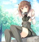  anchor artist_name bike_shorts black_legwear blush brown_eyes brown_hair commentary_request drying drying_hair flat_chest hair_between_eyes headband headgear highres jpeg_artifacts kantai_collection looking_at_viewer open_mouth outdoors remodel_(kantai_collection) short_hair signature sitting skirt solo sweatdrop taihou_(kantai_collection) thighhighs toosaka_asagi towel towel_around_neck tree 