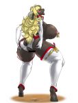  anthro anus baneroku big_breasts blonde_hair blush breasts brown_fur butt caprine censored female fur hair hand_on_butt hi_res kemono long_hair mammal nipples open_mouth pussy pussy_juice_puddle rear_view sheep simple_background solo spread_butt spreading standing white_background 