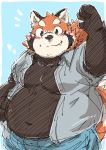  2018 ailurid anthro belly blush clothed clothing humanoid_hands kota&acute; male mammal moobs navel open_shirt overweight overweight_male pants red_panda shirt solo 