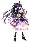  armor armored_dress choker date_a_live dress full_body gloves hand_on_hip highres long_hair looking_at_viewer official_art pauldrons ponytail purple_eyes purple_hair simple_background smile solo standing tsunako v very_long_hair white_background yatogami_tooka 