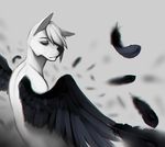  ambiguous_gender anthro bare_back black_feathers black_nose canine cyndi eyes_closed feathered_wings feathers fur hair mammal nude simple_background solo white_fur white_hair wings wolf 