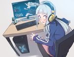  armchair bangs blue_eyes blunt_bangs blush casual chair closers desktop embarrassed flying_sweatdrops from_behind hair_ribbon headphones jacket keyboard_(computer) long_hair looking_back low_ponytail monitor ribbon short_shorts shorts silver_hair solo supernew sweatdrop track_jacket violet_(closers) 