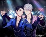  artist_name black_hair blue_eyes brown_eyes epaulettes gearous hair_slicked_back holding_hands jewelry katsuki_yuuri looking_at_another male_focus multiple_boys parted_lips ring signature silver_hair smile sparkle viktor_nikiforov yaoi yuri!!!_on_ice 