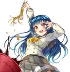  :d absurdres arm_up bangs blue_hair bow bowl bowtie chopsticks commentary_request dansa double-breasted food grey_skirt highres holding holding_chopsticks light_blush long_hair long_sleeves looking_at_viewer love_live! love_live!_sunshine!! noodles open_mouth pleated_skirt purple_eyes ramen school_uniform serafuku side_bun simple_background skirt smile solo translated tsushima_yoshiko uranohoshi_school_uniform v-shaped_eyebrows w w_over_eye white_background yellow_bow yellow_neckwear 