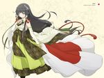  ahoge aka_ringo bare_shoulders black_hair blush breasts detached_sleeves dress furisode green_dress green_eyes hair_ornament hair_ribbon hair_tubes hakama highres japanese_clothes japanese_flag kantai_collection kimono long_hair medium_breasts mizuho_(kantai_collection) ribbon seaplane_tender sidelocks smile solo underwear very_long_hair wide_sleeves 