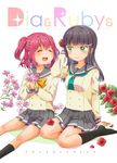  :d ^_^ absurdres bangs black_hair black_legwear blunt_bangs bouquet bow bowtie character_name circle_name closed_eyes commentary_request cover cover_page double-breasted doujin_cover flower green_eyes grey_skirt hair_flower hair_ornament highres holding holding_bouquet izumi_kirifu kneehighs kurosawa_dia kurosawa_ruby long_sleeves looking_at_another love_live! love_live!_sunshine!! mole mole_under_mouth multiple_girls neckerchief no_shoes open_mouth petals pleated_skirt red_flower red_hair red_rose rose school_uniform serafuku siblings sisters sitting skirt smile tie_clip two_side_up uranohoshi_school_uniform yellow_bow yellow_neckwear 