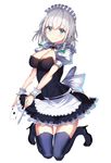  ace_of_spades apron blue_dress blue_eyes boots braid card dress highres izayoi_sakuya knife maid maid_headdress puffy_short_sleeves puffy_sleeves rinaka_moruchi short_sleeves silver_hair smile solo thighhighs touhou twin_braids zettai_ryouiki 