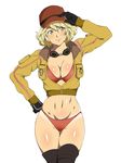  bikini blonde_hair breasts cidney_aurum cleavage cropped_jacket final_fantasy final_fantasy_xv gloves goggles goggles_around_neck green_eyes hand_on_hip hat highres kagemusha looking_to_the_side medium_breasts midriff navel red_bikini shiny shiny_skin short_hair simple_background skindentation smile solo swimsuit tan tanline thighs underwear 
