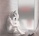  anthro black_nose blue_eyes canine cyndi cyndi_(character) female fur hair mammal nude shower sitting solo white_fur white_hair wolf 