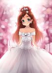  alternate_hair_length alternate_hairstyle bare_shoulders choker dress earrings gloves go!_princess_precure green_eyes hair_ornament haruno_haruka highres jewelry kazuma_muramasa long_hair looking_to_the_side precure red_hair smile solo tiara wedding_dress white_dress white_gloves 