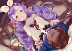  1girl 2boys :o amacha armor bare_shoulders blue_hat blush brown_eyes brown_hair clenched_hands collarbone commentary dress drooling dutch_angle ear_blush faceless faceless_male frilled_dress frills gran_(granblue_fantasy) granblue_fantasy hairband hat indoors long_hair looking_at_another lying morphe_(granblue_fantasy) multiple_boys off-shoulder_dress off_shoulder on_back open_mouth outstretched_arms purple_eyes purple_hair saliva shaded_face short_hair straddling very_long_hair vetor_(granblue_fantasy) white_dress 