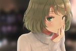  bangs blue_eyes blush brown_hair finger_to_mouth green_eyes hand_on_own_face hasisisissy heterochromia highres idolmaster idolmaster_cinderella_girls looking_at_viewer md5_mismatch mole mole_under_eye ribbed_sweater short_hair solo sweater takagaki_kaede turtleneck turtleneck_sweater upper_body white_sweater 