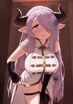  asymmetrical_gloves black_gloves black_legwear blue_eyes blush bottomless braid breasts draph elbow_gloves gloves granblue_fantasy hair_ornament hair_over_one_eye horns large_breasts lavender_hair lips long_hair looking_at_viewer low_tied_hair narmaya_(granblue_fantasy) omaru_gyuunyuu pointy_ears single_thighhigh sleeveless smile solo thigh_strap thighhighs 