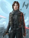  belt death_star energy_beam energy_gun fingerless_gloves fleet flying gloves holster hood hood_down jacket jyn_erso looking_at_viewer pxvx ray_gun realistic rogue_one:_a_star_wars_story scarf scarif science_fiction solo space_craft star_wars starfighter tie_fighter watermark weapon 