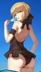  :o arm_garter artoria_pendragon_(all) ass back backless_outfit bangs bare_shoulders black_bow black_swimsuit blonde_hair blue_background blue_sky blush bow braid casual_one-piece_swimsuit commentary_request cowboy_shot day detached_collar eating eyebrows_visible_through_hair fate/stay_night fate_(series) food french_braid frills from_behind from_side hair_bow hair_bun hand_up head_tilt holding holding_food legs_together looking_at_viewer looking_back mr_cloud one-piece_swimsuit open_mouth outdoors popsicle saber_alter see-through sidelocks sky solo standing summer swimsuit swimsuit_skirt transparent wading water yellow_eyes 