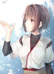  artist_name bodystocking brown_hair commentary_request highres hyuuga_(kantai_collection) jpeg_artifacts kantai_collection outstretched_hand profile ribbon-trimmed_sleeves ribbon_trim short_hair signature snowing solo toosaka_asagi 
