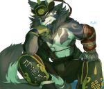  2018 abs anthro canine kun_(artist) male mammal pecs ranged_weapon tattoo temujin tokyo_afterschool_summoners video_games weapon wolf 