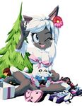  2016 anthro blue_eyes breasts cat christmas clothed clothing feline female flower flower_in_hair goshaag holidays mammal meiko_(bluechika) one_eye_closed pine_tree plant sans siamese simple_background solo toriel tree undertale video_games white_background 