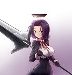  fujikusa gloves gundam gundam_tekketsu_no_orphans hair_intakes kantai_collection long_sleeves mechanical_halo polearm purple_eyes purple_hair short_hair simple_background smile solo tatsuta_(kantai_collection) weapon 