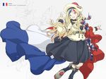  aka_ringo anchor_hair_ornament bangs belt beret blonde_hair blue_eyes blue_hair breasts cleavage commandant_teste_(kantai_collection) double-breasted dress france french_flag hair_ornament hat highres jacket kantai_collection long_hair looking_at_viewer medium_breasts multicolored_hair open_mouth platform_footwear pom_pom_(clothes) red_hair scarf seaplane_tender socks solo streaked_hair 