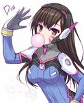  bangs blush bodysuit breasts brown_eyes brown_hair bubble_blowing character_name chewing_gum commentary_request d.va_(overwatch) facial_mark headgear long_hair looking_at_viewer medium_breasts overwatch ribbed_bodysuit simple_background solo suterii white_background 
