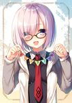  :d announcement_celebration commentary eyes_visible_through_hair fate/grand_order fate_(series) glasses hair_over_one_eye highres jpeg_artifacts lavender_hair mash_kyrielight necktie open_mouth purple_eyes short_hair smile solo string_of_flags toosaka_asagi 