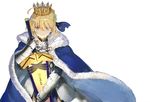  ahoge artoria_pendragon_(all) avalon_(fate/stay_night) blonde_hair blue_cape cape closed_mouth crown eyebrows_visible_through_hair fate/grand_order fate_(series) fur_trim gauntlets green_eyes looking_at_viewer saber shirabi simple_background solo sword upper_body weapon white_background 