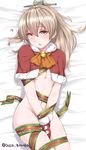  :o ? alternate_costume artist_name ascot bed_sheet bell between_legs blonde_hair blue_eyes blush bottomless breasts capelet commentary cowboy_shot disco_brando from_above fur-trimmed_gloves fur_collar fur_trim gloves groin hand_between_legs head_tilt highres jingle_bell kantai_collection kumano_(kantai_collection) looking_at_viewer looking_up lying merry_christmas navel no_panties on_back open_mouth own_hands_together ponytail red_gloves ribbon shiny shiny_skin skindentation small_breasts solo stomach twitter_username underboob v_arms wrapped_up 