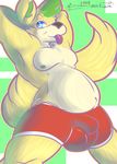  alexclimax anthro boxer_briefs bulge canine clothing dingo low-angle_view male mammal moobs nipples pinup pose raised_arm signature slightly_chubby solo tight_clothing tongue tongue_out underwear url 