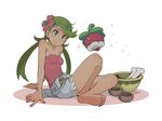  apron bare_shoulders barefoot blush bone bounsweet bowl breasts cleavage crossed_legs cup daradara_panda dark_skin feet flower gen_7_pokemon green_eyes green_hair hair_flower hair_ornament legs long_hair mao_(pokemon) overalls pink_shirt pokemon pokemon_(creature) pokemon_(game) pokemon_sm shirt shoulders simple_background sitting sleeveless small_breasts smile sparkle strapless trial_captain twintails white_background 