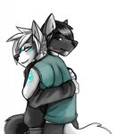  anthro black_hair black_nose blue_eyes brown_eyes canine clothed clothing cyndi cyndi_(character) duo female fur hair hug male mammal simple_background smile white_background white_fur white_hair wolf 