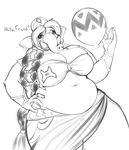  anthro balloon big_breasts breasts cleavage clothed clothing conditional_dnp crossgender dialogue diddy_kong_racing elephant english_text female greyscale hair hand_on_hip huge_breasts low-angle_view mammal monochrome overweight overweight_female skimpy solo taj_(diddy_kong_racing) text thick_thighs turban tusks xopachi 