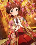  artist_request beamed_eighth_notes blush brown_hair green_eyes hair_ornament holding idolmaster idolmaster_million_live! japanese_clothes kinoshita_hinata looking_at_viewer musical_note official_art seiza short_hair sitting smile solo sparkle 