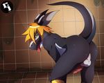  2016 animal_genitalia animal_penis anthro ass_up backsack balls bathroom bent_over black_scales blonde_hair butt dragon erection green_eyes hair horn inviting looking_back luxuria male nude penis perineum presenting presenting_hindquarters rear_view scales sharp_teeth shower solo spread_legs spreading standing teeth tongue tongue_out wet 