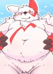  2018 anthro belly blue_background kota&acute; male mammal moobs navel nintendo overweight overweight_male pok&eacute;mon pok&eacute;mon_(species) simple_background solo video_games zangoose 
