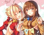  :o ;d ahoge announcement_celebration artist_name back bare_back blonde_hair blue_bow blue_neckwear blush bow bowtie brown_eyes brown_hair commentary_request epaulettes fate/extra fate_(series) from_side green_eyes hair_intakes jpeg_artifacts juliet_sleeves kishinami_hakuno_(female) long_sleeves multiple_girls nero_claudius_(fate) nero_claudius_(fate)_(all) one_eye_closed open_mouth polka_dot polka_dot_background puffy_sleeves school_uniform signature smile sparkle string_of_flags toosaka_asagi tsukumihara_academy_uniform_(fate/extra) 