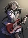  brown_hair dani-ikapi earrings electric_guitar fingerless_gloves gloves green_eyes guitar idolmaster idolmaster_cinderella_girls instrument jewelry microphone pantyhose shibuya_rin skirt solo 