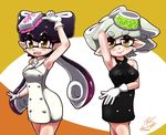  aori_(splatoon) bad_id bad_twitter_id black_dress black_hair breasts commentary_request domino_mask dress grey_hair hair_ornament hotaru_(splatoon) mask medium_breasts mole mole_under_eye multiple_girls sleeveless sleeveless_dress splatoon_(series) splatoon_1 tentacle_hair usa_(dai9c_carnival) white_dress 